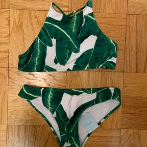 Cupshe White Green Palm Leaf High Neck Bikini
